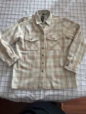 Cream and Tan Plaid Ladies Button-Up Shirt Jacket